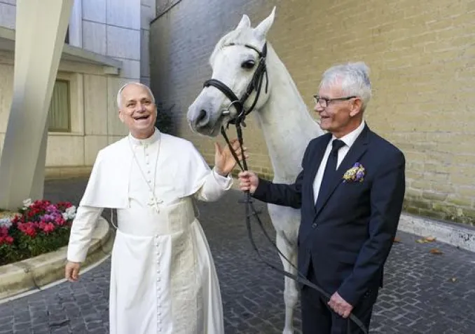 Le pape Léon XIV reçoit un cheval blanc né en Pologne. KEYSTONE - VATICAN MEDIA HANDOUT